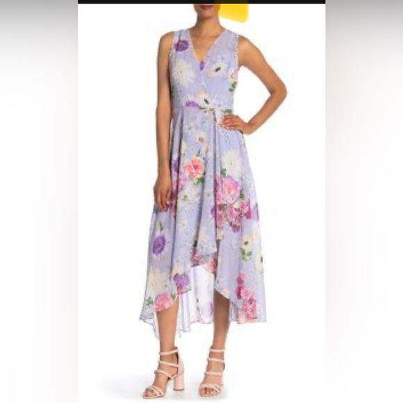 Calvin Klein Lavender Chiffon Floral Faux Wrap Dress, Size 6 (approximate) - Picture 1 of 7